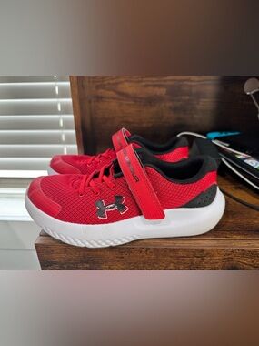 Under Armour Kids Red and Black Mesh Sneakers with Hook-and-Loop Strap
